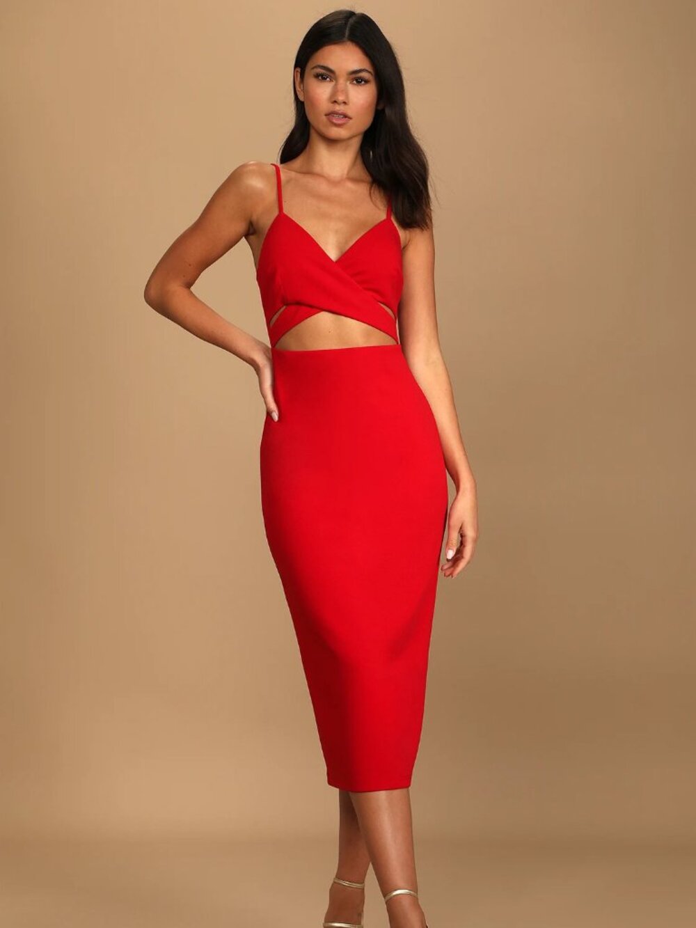 Lulus Cross Your Heart Red Surplice Cutout Bodycon Midi Dress